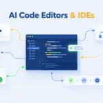 AI Code Editors and IDEs ecosystem featuring connected coding environments, AI assistants, and developer workflows.