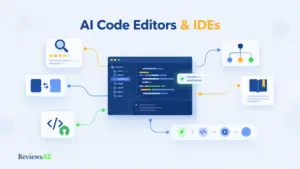 AI Code Editors and IDEs ecosystem featuring connected coding environments, AI assistants, and developer workflows.