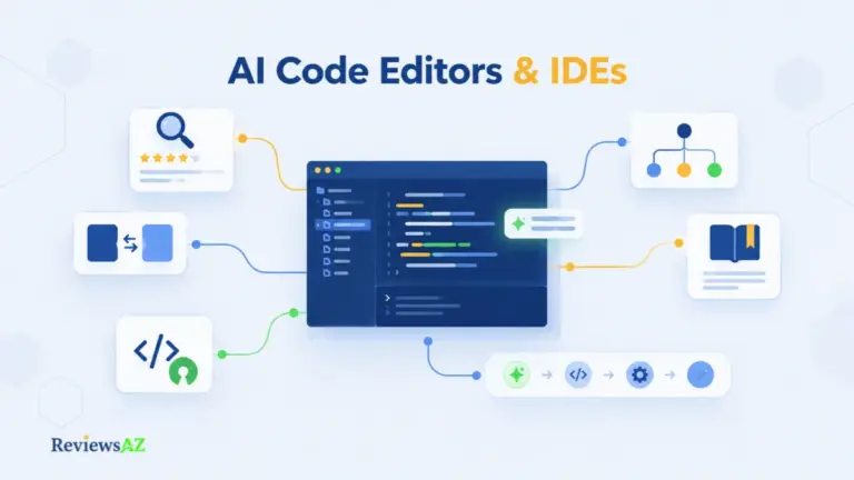 AI Code Editors and IDEs ecosystem featuring connected coding environments, AI assistants, and developer workflows.