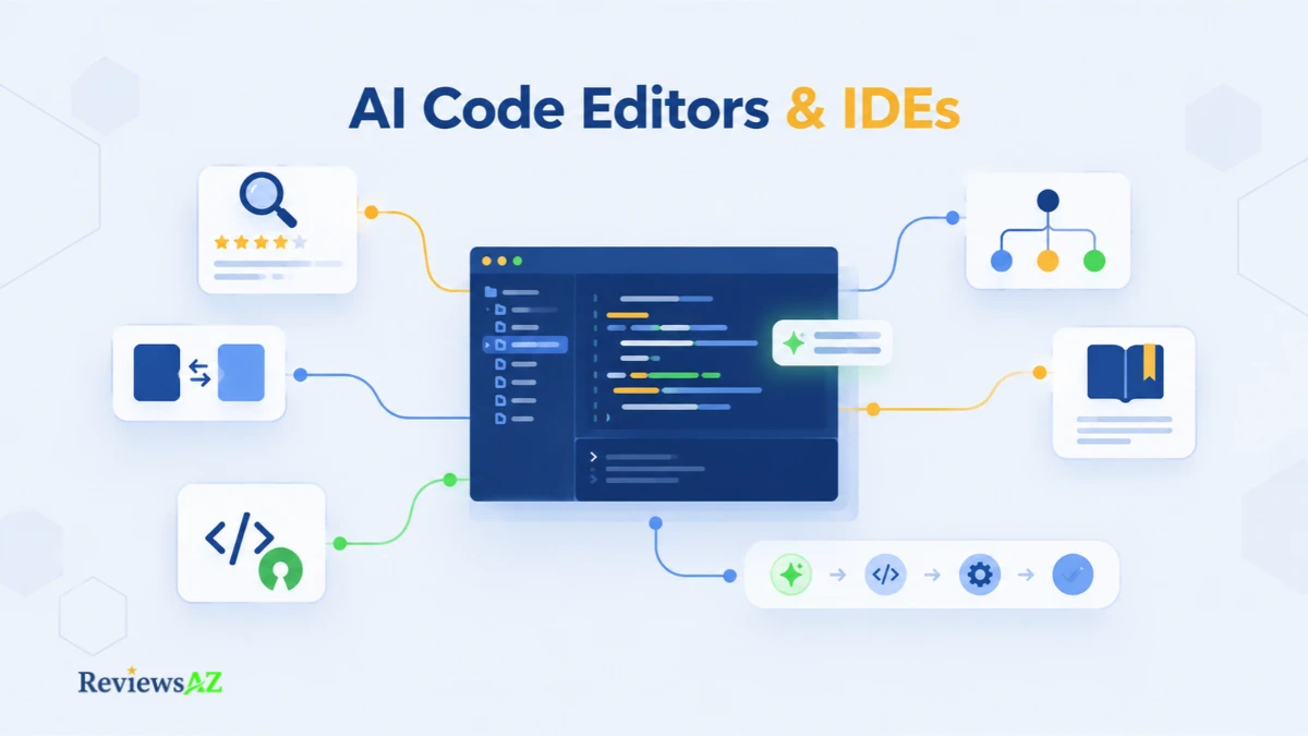 AI Code Editors and IDEs ecosystem featuring connected coding environments, AI assistants, and developer workflows.