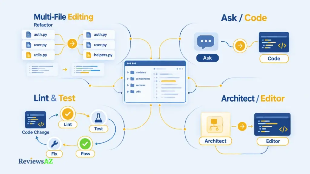 Aider features and capabilities showing multi-file editing, chat and code modes, testing, linting, and Architect Mode.