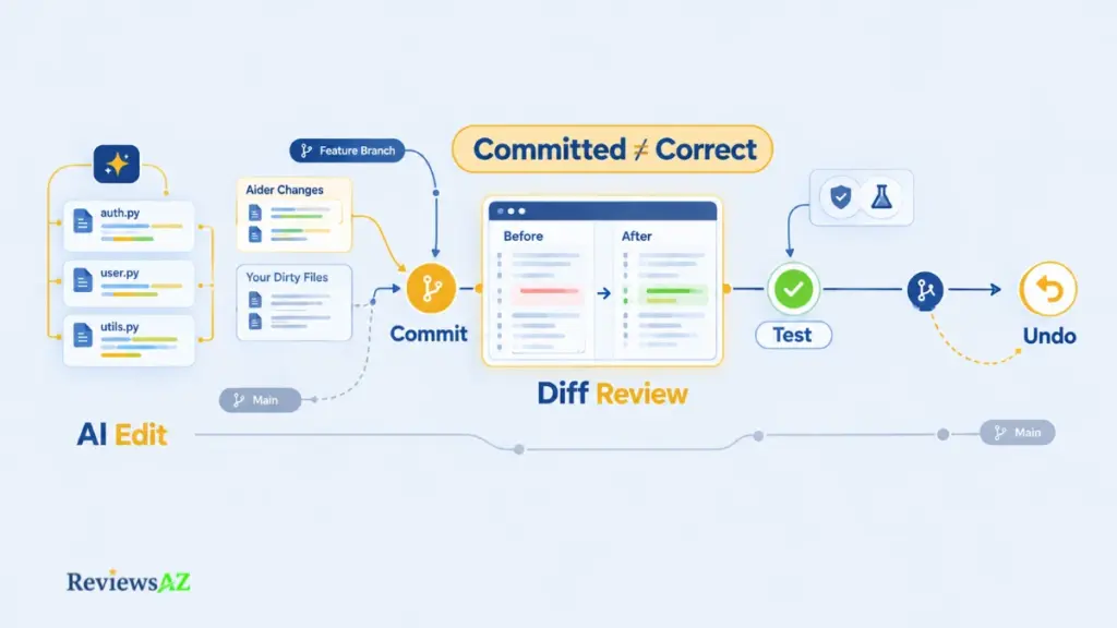 Aider Git integration and code change workflow showing AI-assisted edits, Git commits, and code review.