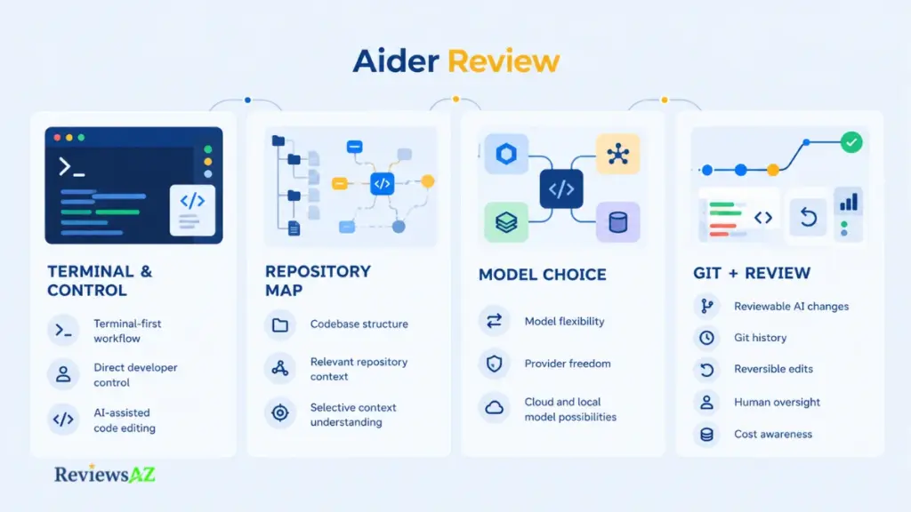 Aider Review featured image showing terminal control, repository context, model choice, and Git review.