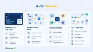 Aider Review featured image showing terminal control, repository context, model choice, and Git review.