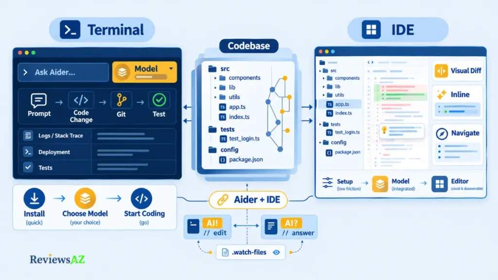 Aider terminal workflow compared with IDE workflow showing Git, visual diffs, inline completion, and testing.