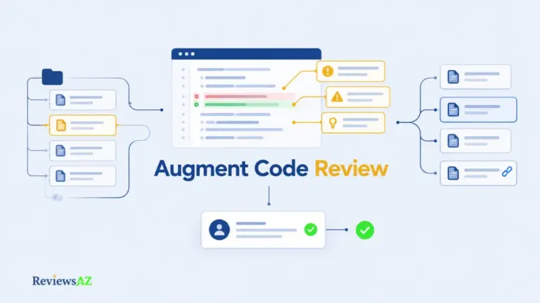 Augment Code Review illustration showing AI pull request review, repository context, code changes, and human verification.
