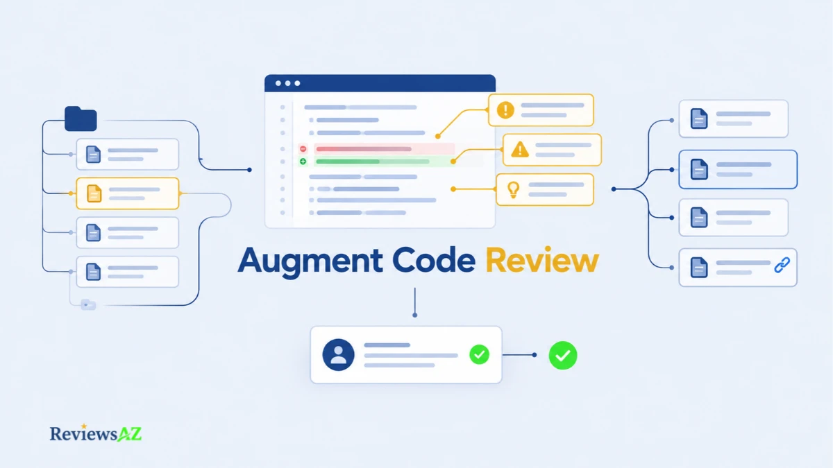 Augment Code Review illustration showing AI pull request review, repository context, code changes, and human verification.