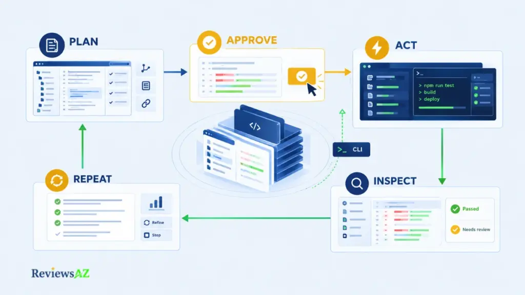 Cline agentic workflow showing Plan and Act modes, file editing, terminal command execution, diffs, and developer review.