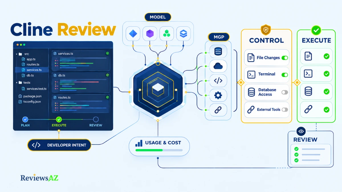 Cline Review showing an AI coding agent with code, MCP integrations, model providers, and developer control.
