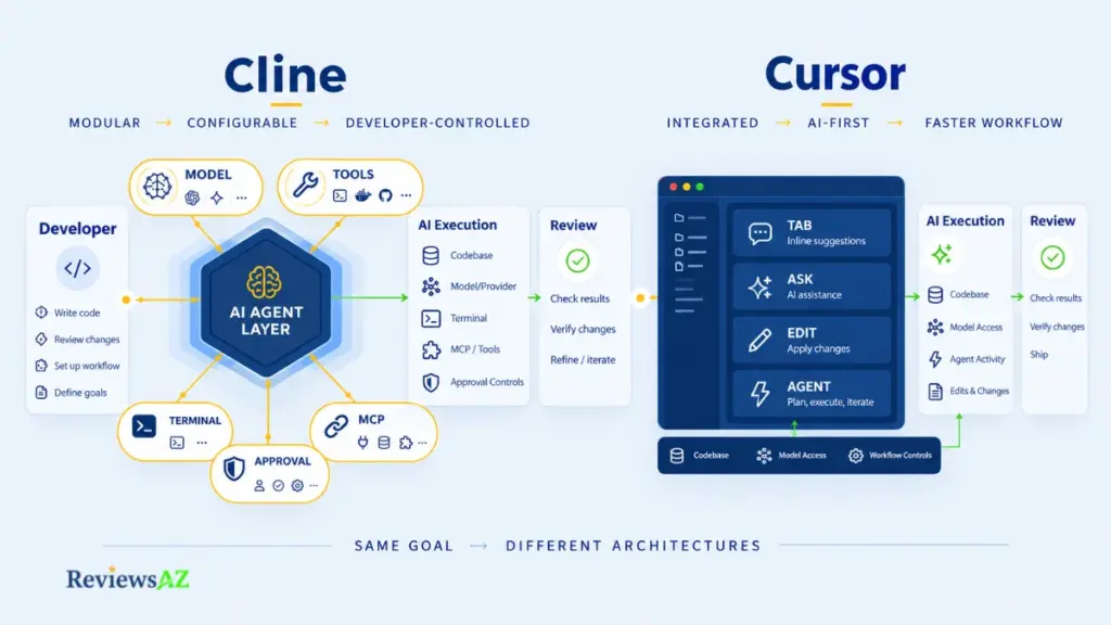 Cline vs Cursor comparison of workflow, model choice, cost, control, and AI coding environment.

