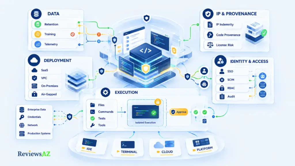 Enterprise AI coding security, privacy, and governance controls for data retention, deployment, access, execution, and IP protection.