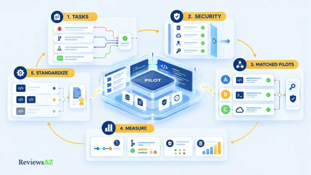 How to run a 2–3 tool enterprise AI coding pilot with matched workflows, security gates, measurement, and standardization.
