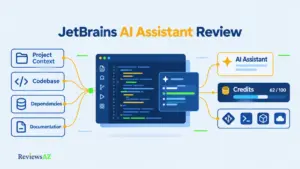 JetBrains AI Assistant review showing IDE integration, pricing tiers, AI Credits, code privacy, and workflow fit.