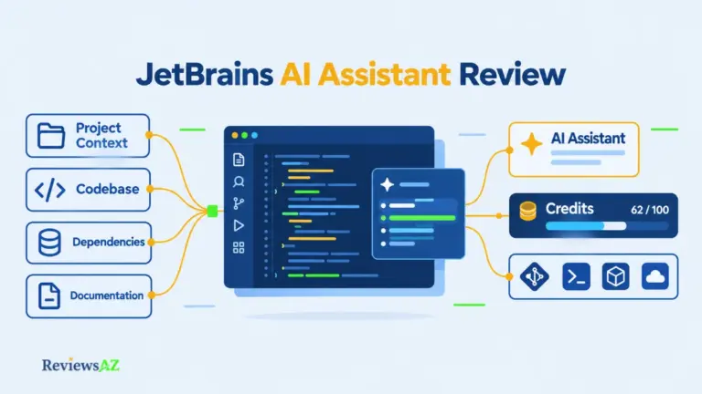 JetBrains AI Assistant review showing IDE integration, pricing tiers, AI Credits, code privacy, and workflow fit.