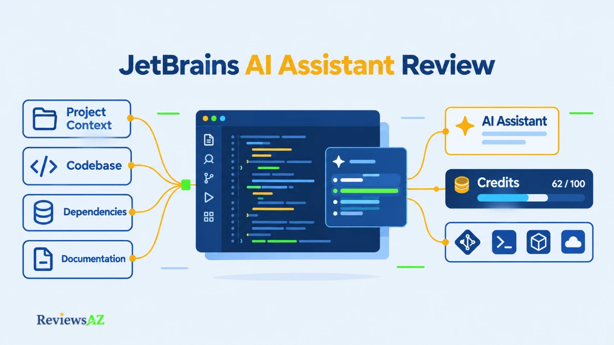 JetBrains AI Assistant review showing IDE integration, pricing tiers, AI Credits, code privacy, and workflow fit.