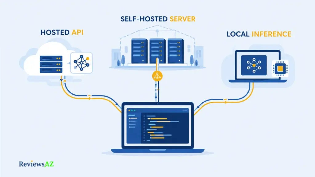 Self-Hosted & Local AI Coding Assistants showing hosted APIs, self-hosted servers, local inference, and data privacy paths.
